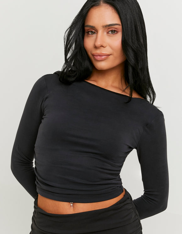 Tally Weijl Basic Black Open Back Top Black model front view