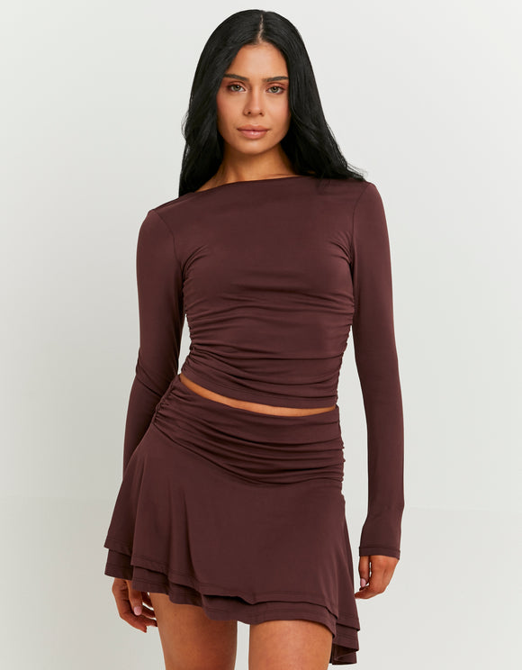 Tally Weijl basic burgundy open back top worn by model, front view