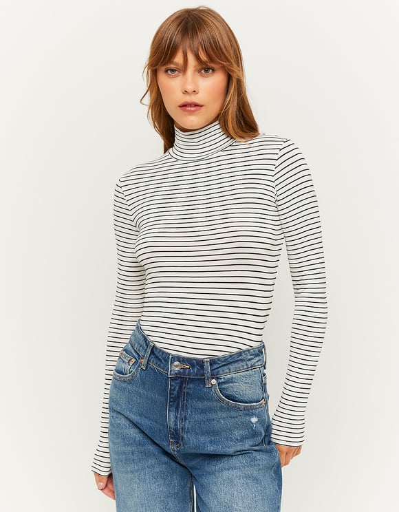 Ladies Striped Basic Turtleneck Basic T-Shirt-Model Front View