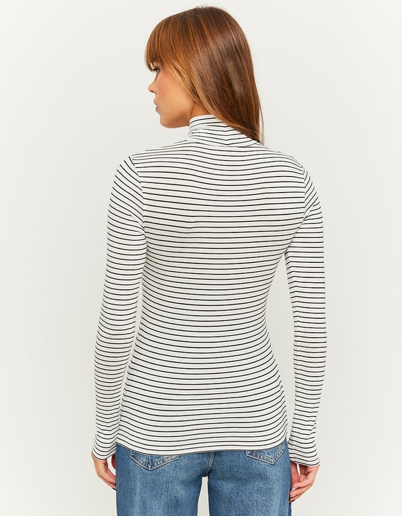 Ladies Striped Basic Turtleneck Basic T-Shirt-Model Back View