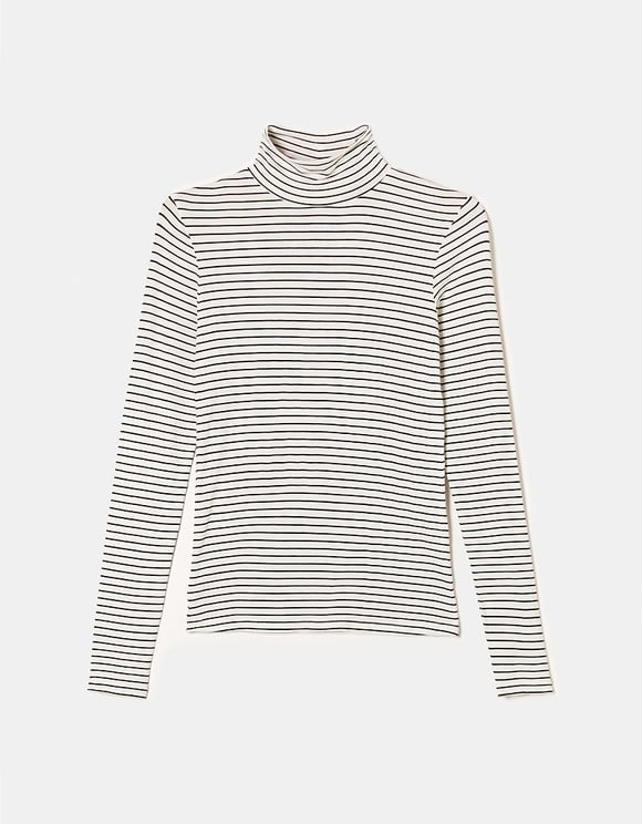 Ladies Striped Basic Turtleneck Basic T-Shirt-Ghost Front View
