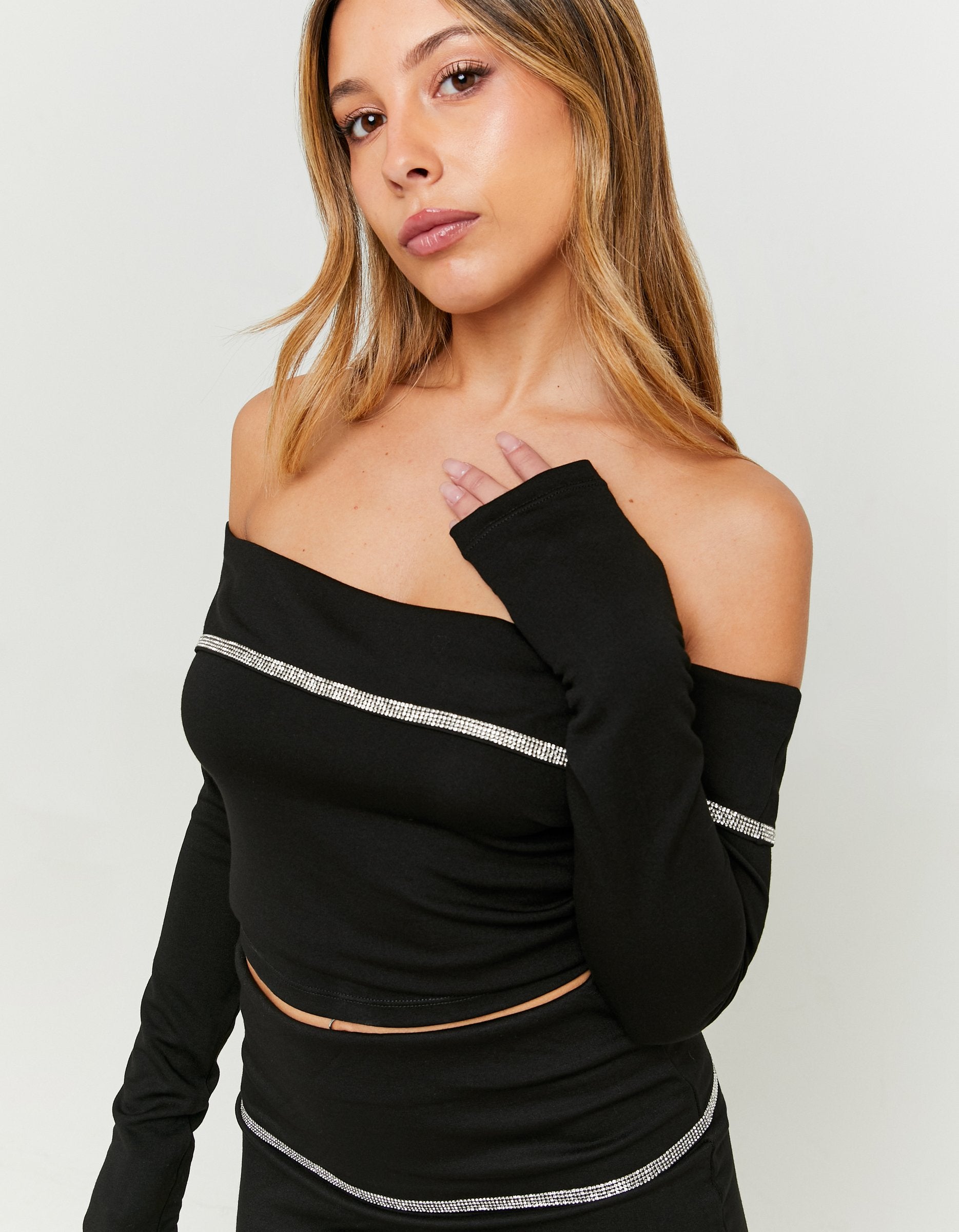 Ladies Black Off Shoulder Party Top With Strass-Closer View of Front