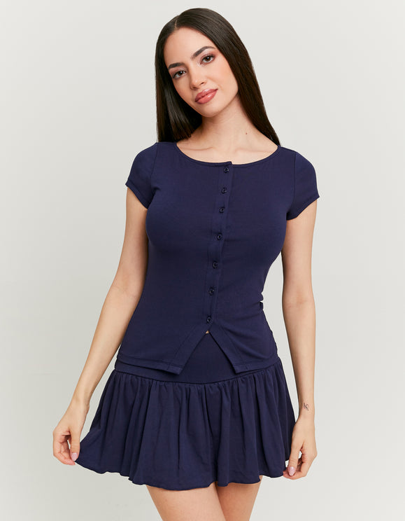 Tally Weijl blue cardigan with boat neckline, front view worn by model