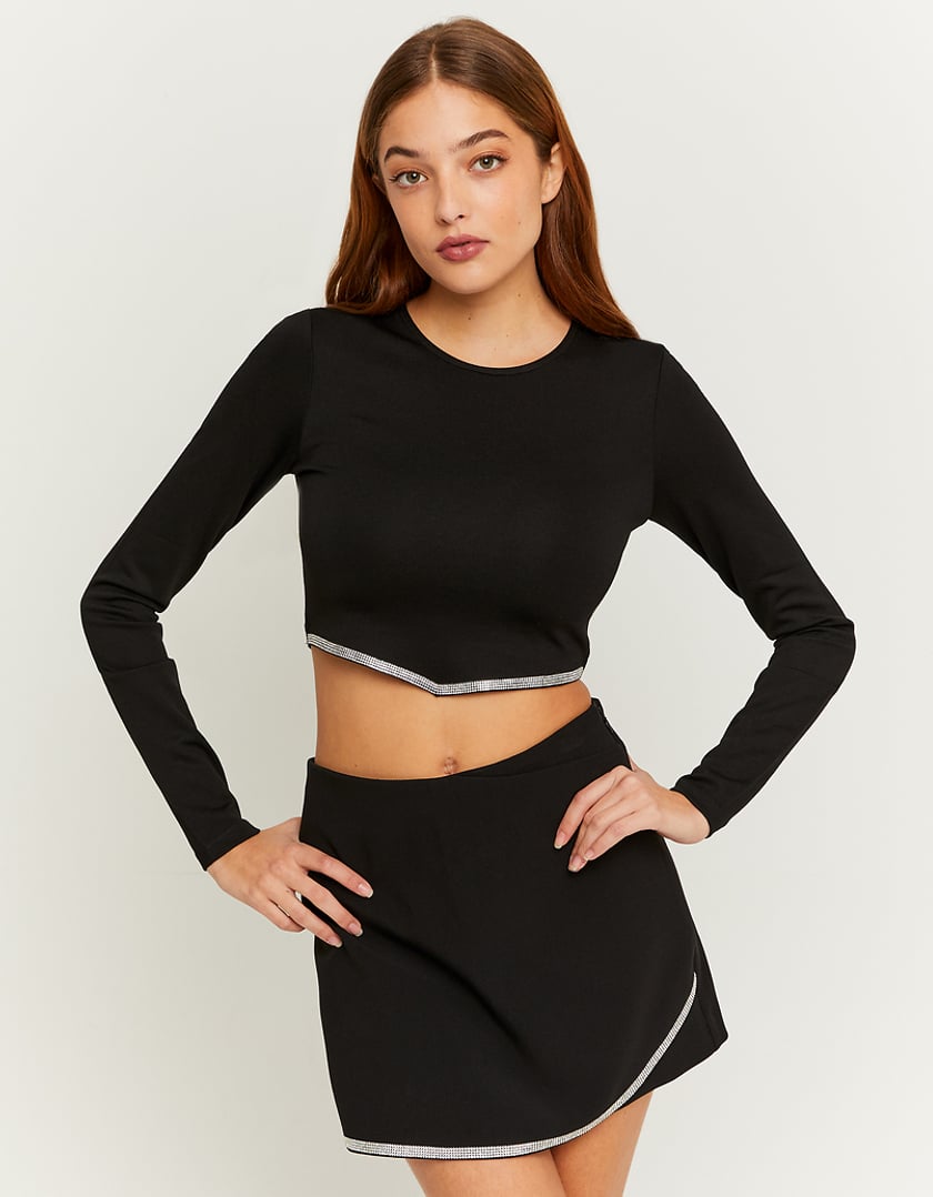 Ladies Black Cropped Top With Strass-Model Full Front View