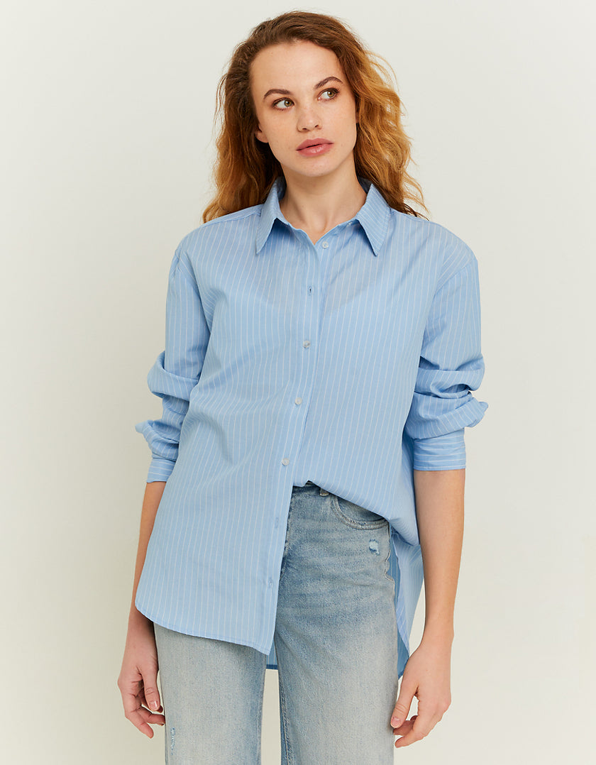 Ladies Light Blue Oversize Shirt With White Stripes-Model Front View