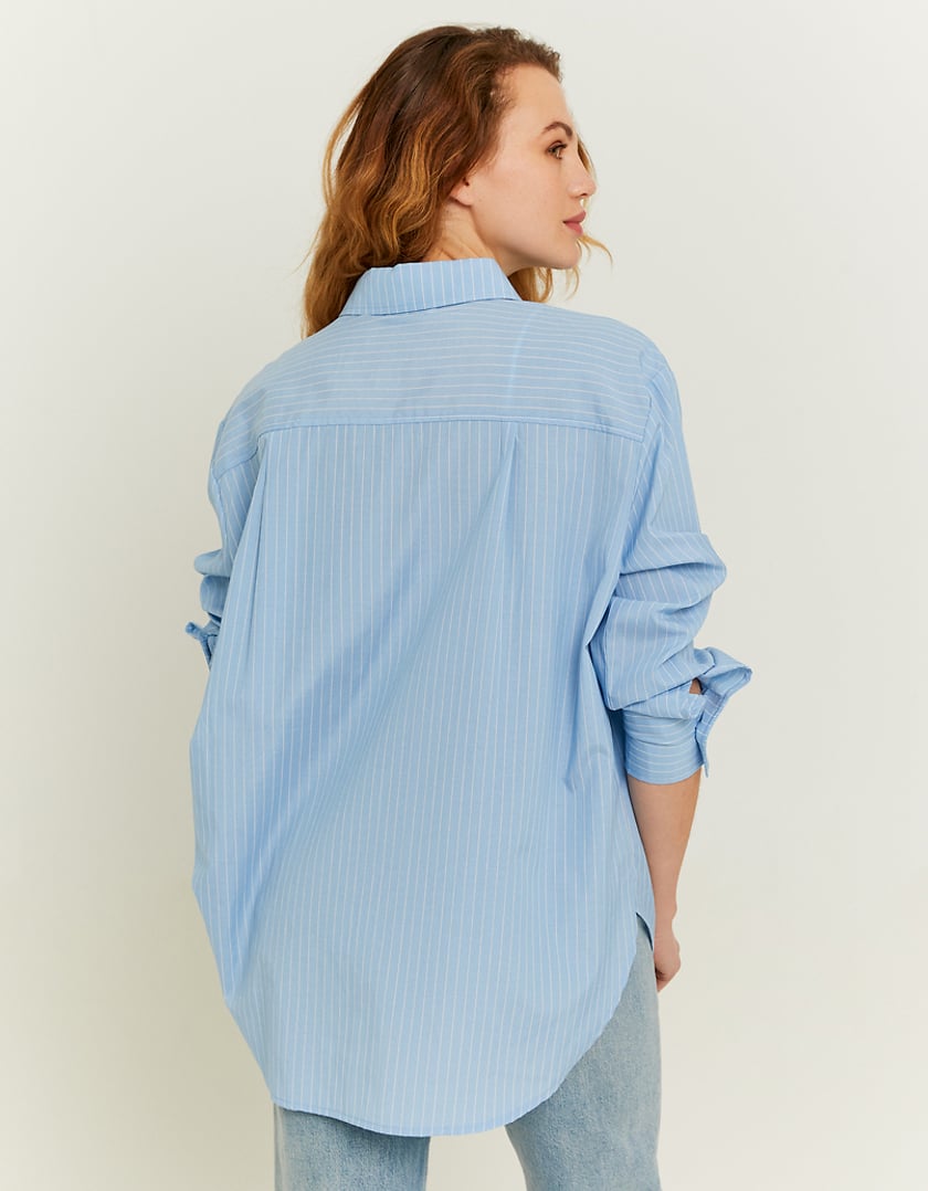 Ladies Light Blue Oversize Shirt With White Stripes-Model Back View