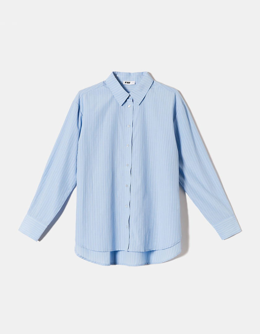 Ladies Light Blue Oversize Shirt With White Stripes-Front View
