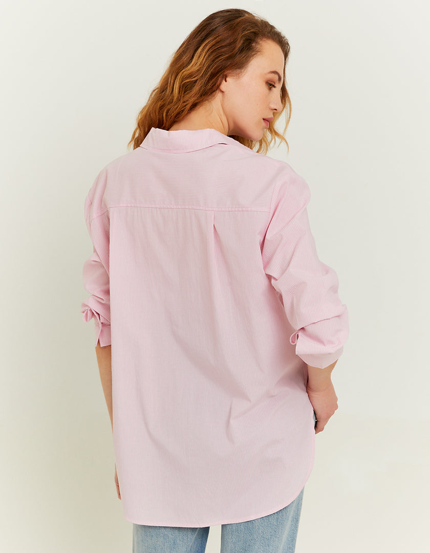 Ladies Pink Oversize Shirt With White Stripes-Model Back View