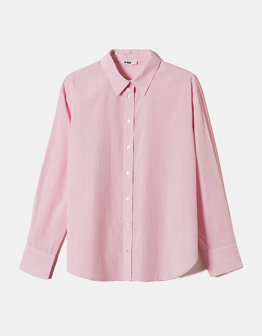 Ladies Pink Oversize Shirt With White Stripes-Front View