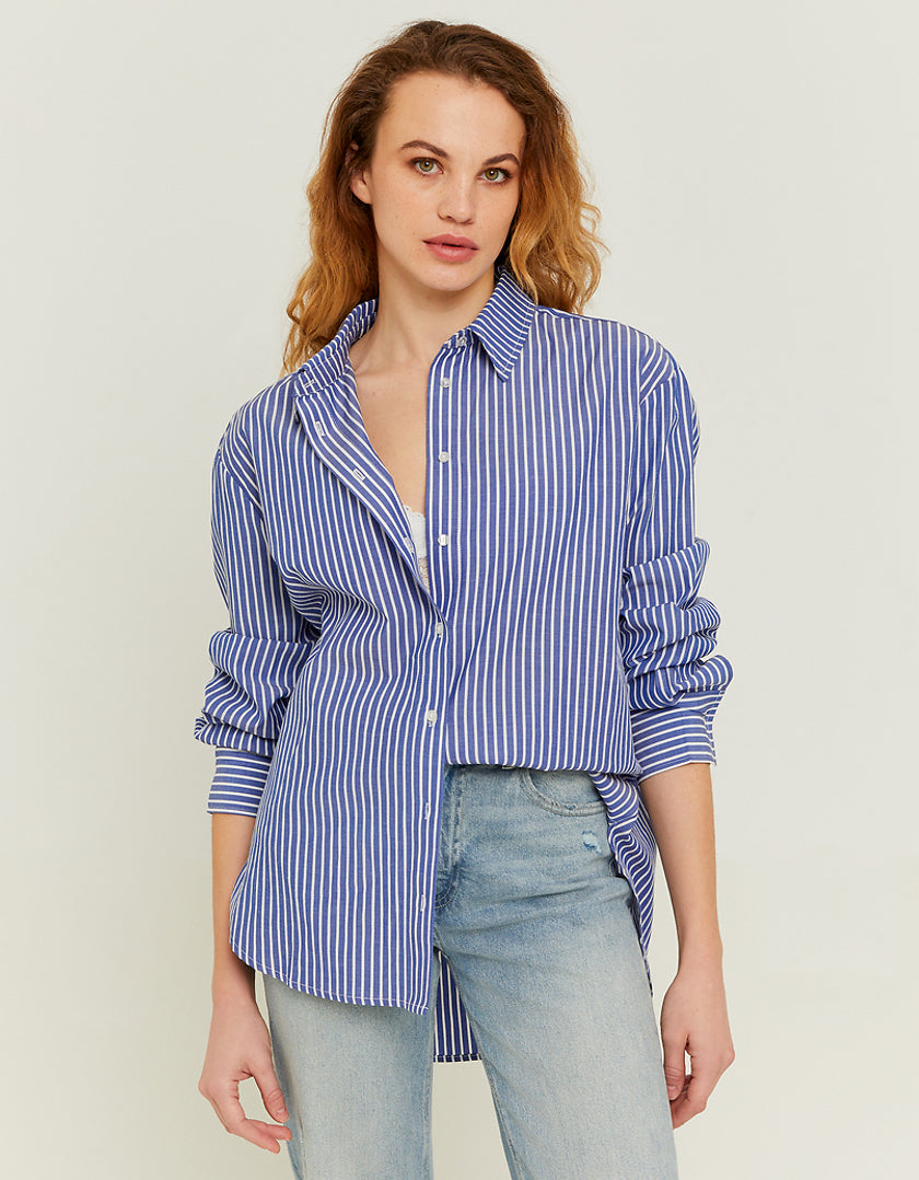 Ladies Blue Oversize Shirt With White Stripes-Model Front View