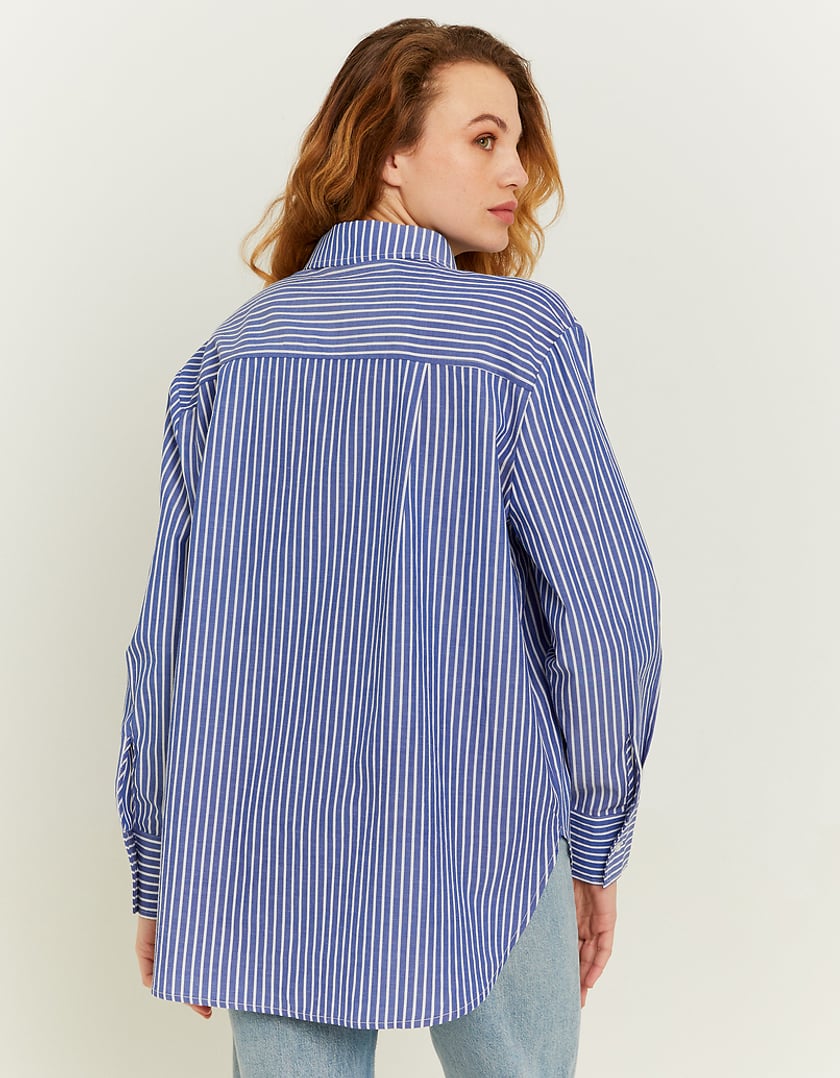 Blue Oversize Shirt With White Stripes-Model Back View