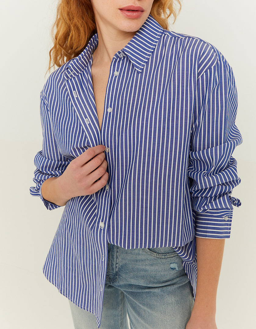 Blue Oversize Shirt With White Stripes-Closer View of Front