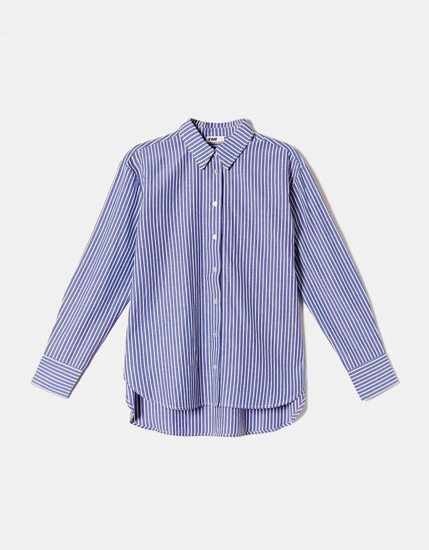 Blue Oversize Shirt With White Stripes-Front View