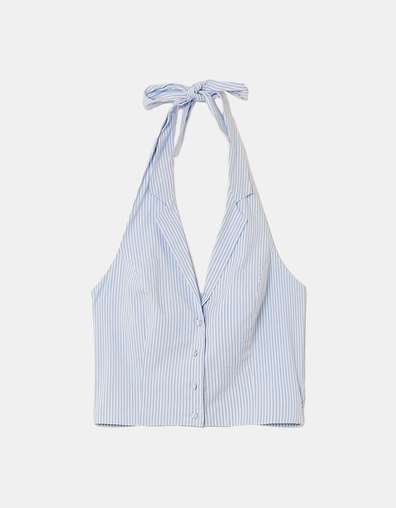 Ladies Blue & White Halter Top-Ghost Front View