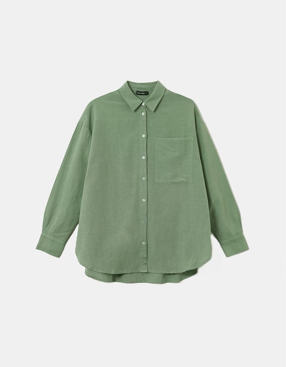 Ladies Basic Linen Blend Green Shirt-Front View