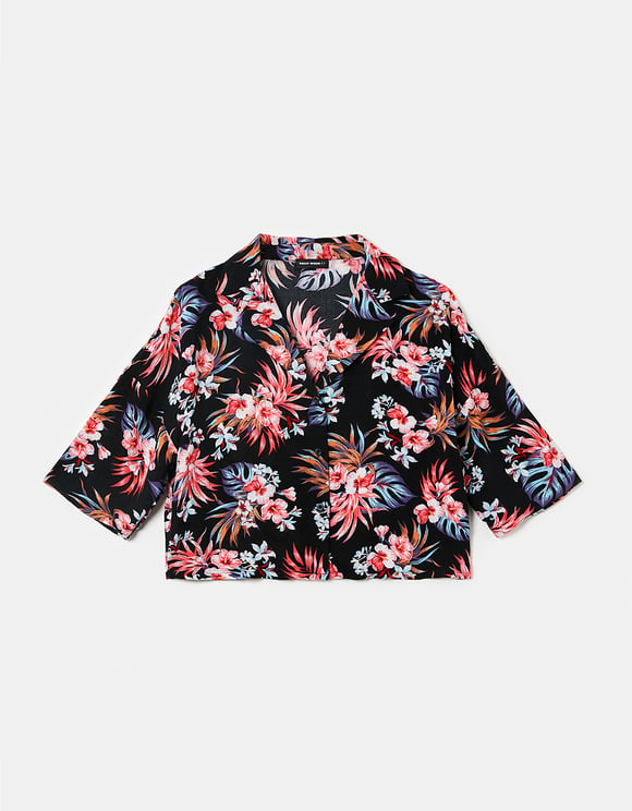 Ladies V-Neck Black Floral Loose Fit Shirt-Ghost Front View