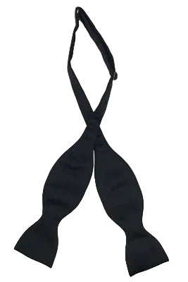 Black self tie bow tie on a light gray background