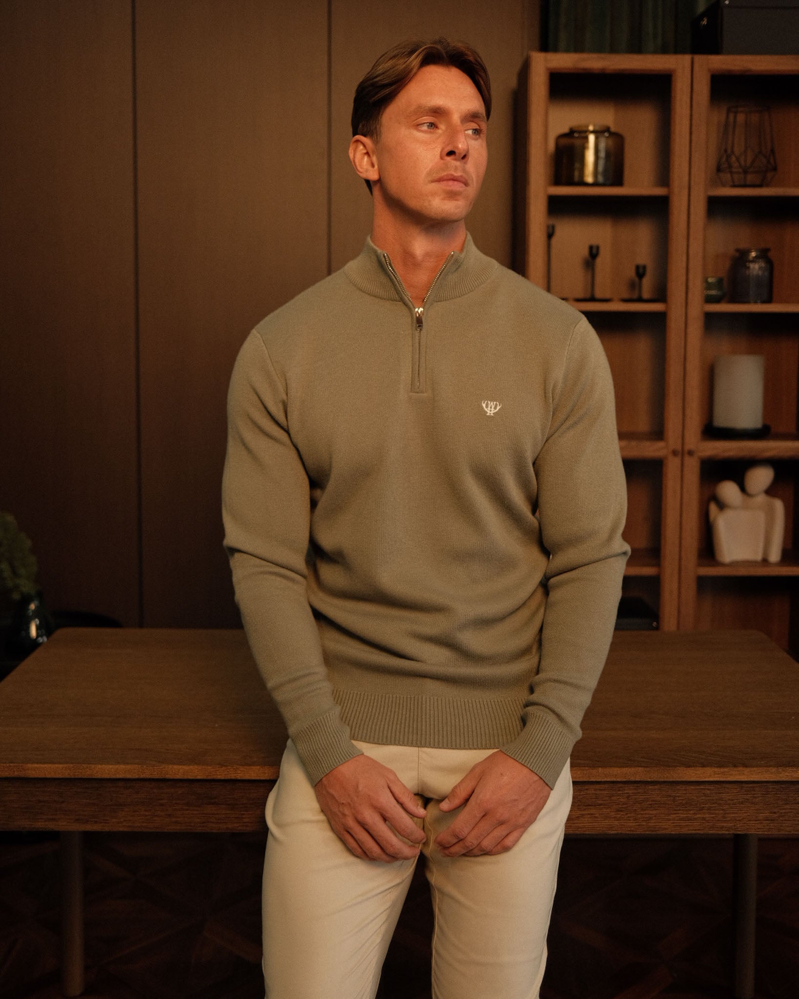 Men's Khaki Knitted 1/4 Zip-Model Front View