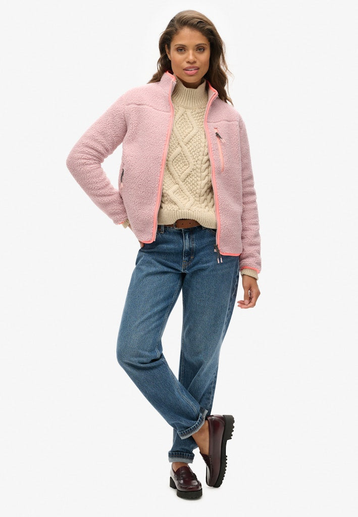 Superdry Ladies Outdoor Full Zip Fleece-Dusky Pink Dusky Pink model front view