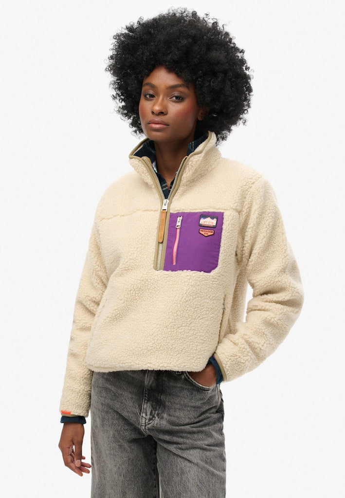 Superdry Ladies Vintage Retro Half Zip Fleece-Oatmeal Beige Oatmeal Beige front view