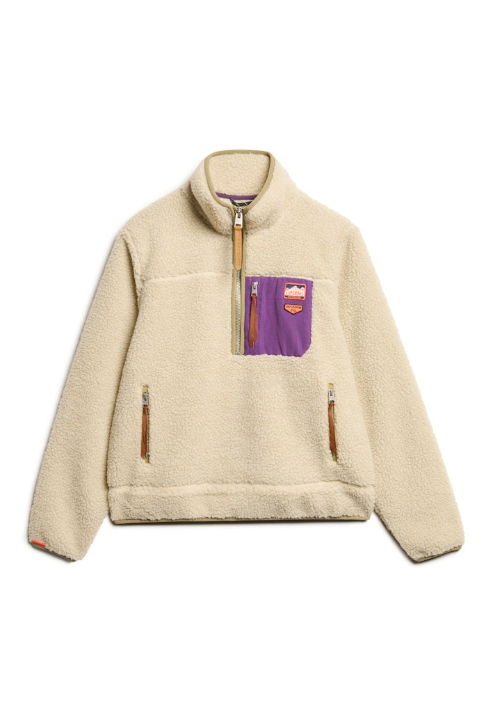 Vintage Retro Half Zip Fleece-Oatmeal Beige-Front view