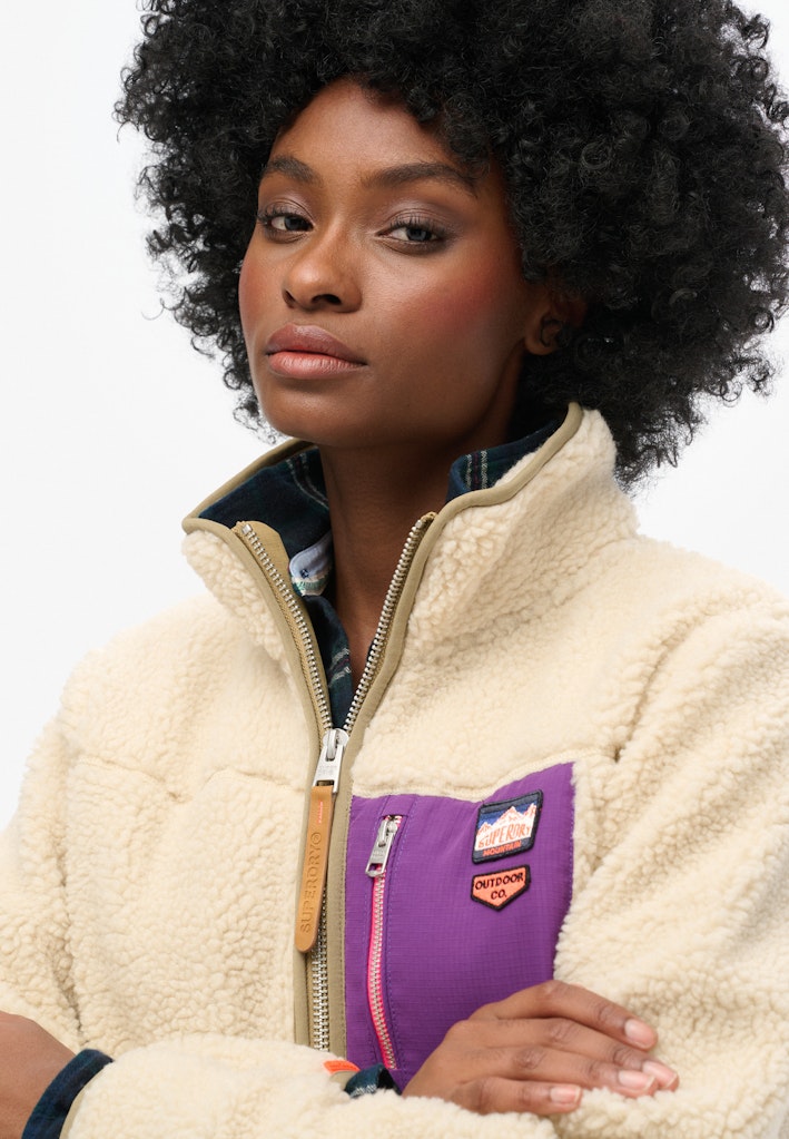 Vintage Retro Half Zip Fleece-Oatmeal Beige-Neck zip view