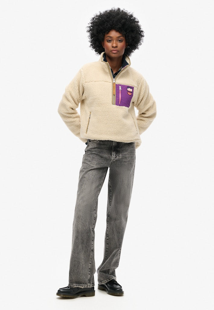 Superdry Ladies Vintage Retro Half Zip Fleece-Oatmeal Beige Oatmeal Beige model front view
