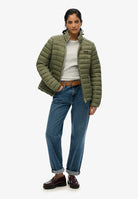 Superdry Ladies Fuji Lite Padded Jacket-Dusty Olive Green Dusty Olive Green model front view