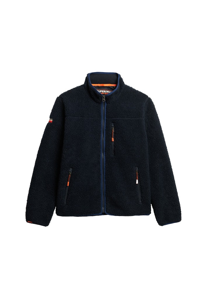 Navy fleece jacket with orange accents on a white background