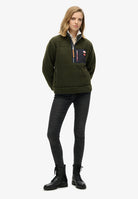 Superdry Ladies Vintage Retro Half Zip Fleece-Army Khaki Green Army Khaki Green model front view