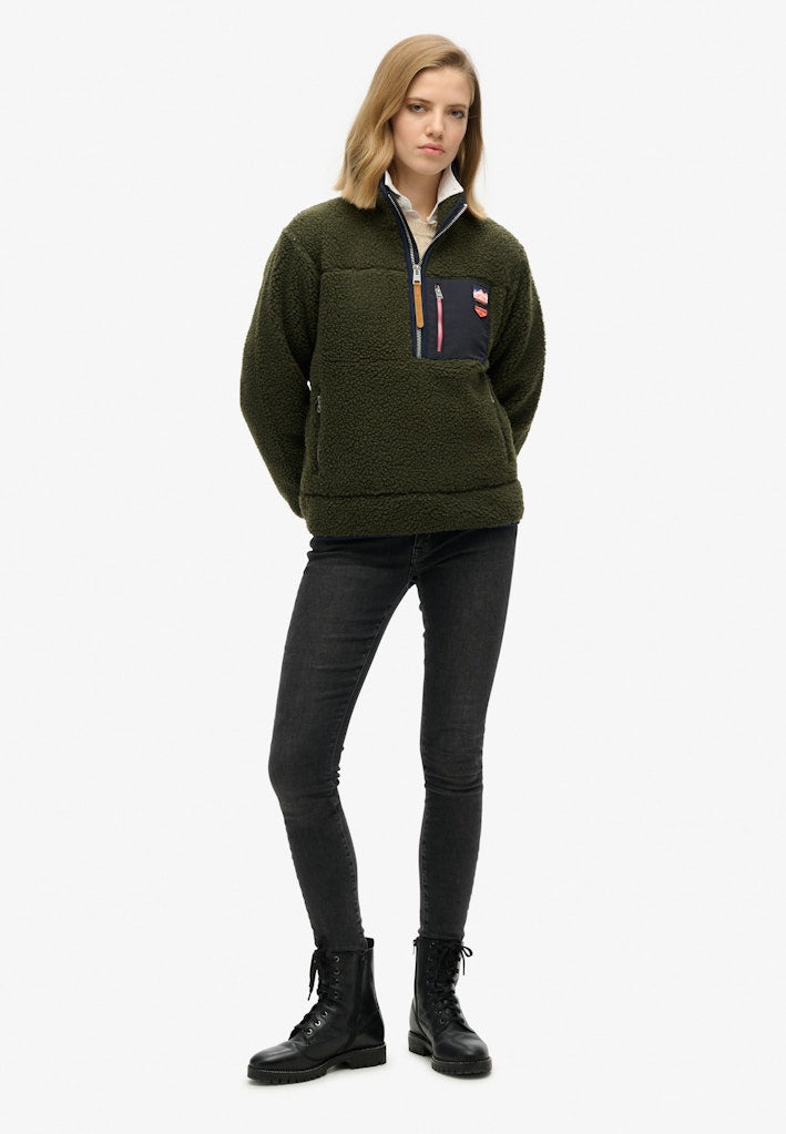 Superdry Ladies Vintage Retro Half Zip Fleece-Army Khaki Green Army Khaki Green model front view