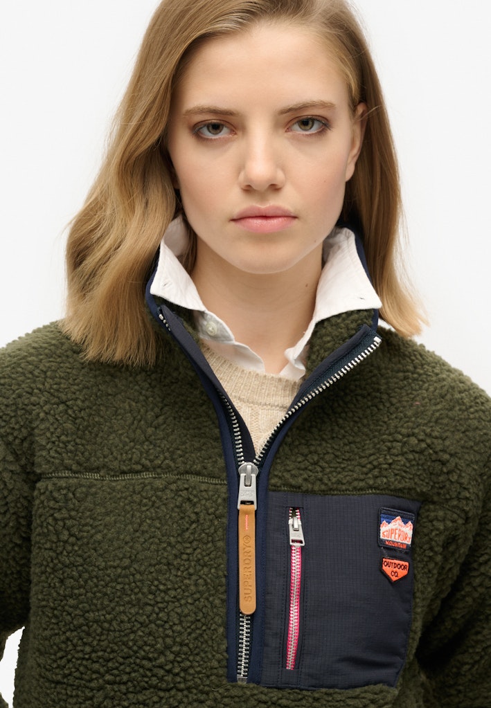 Vintage Retro Half Zip Fleece-Army Khaki Green-Zip close up