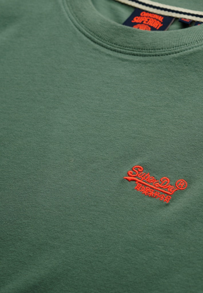 Green t-shirt with a red logo on a plain background