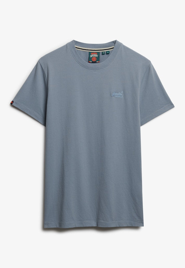 Blue t-shirt with a small logo on a white background