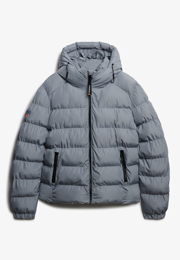 Hooded Sports Puffer Jacket-Washed Denim