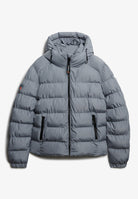 Hooded Sports Puffer Jacket-Washed Denim