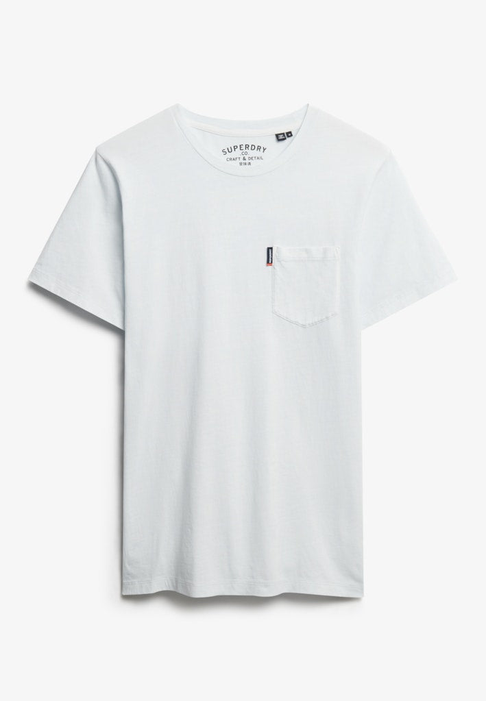 Blue t-shirt with a small logo on a white background