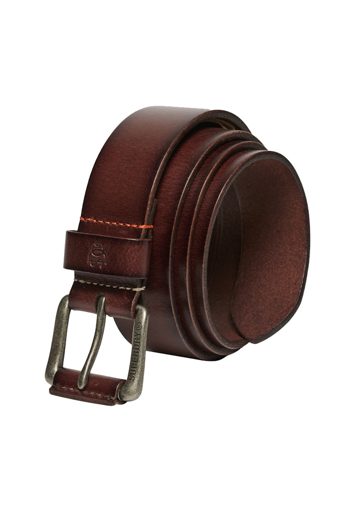 Brown leather belt with a brass buckle on a white background