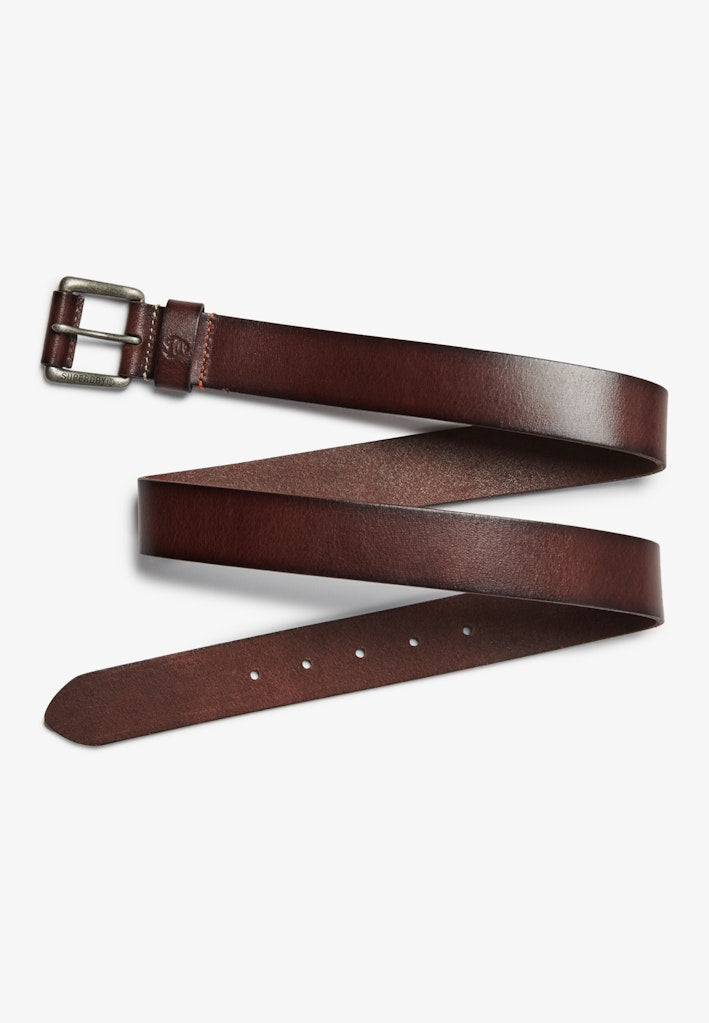 Brown leather belt with silver buckle on a white background
