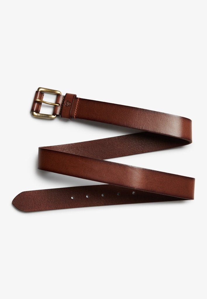 Tan leather belt with a gold buckle on a white background