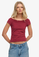 Ladies Ath Off Shoulder Pattern Top-Red Dot-Model Front View
