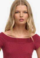 Ladies Ath Off Shoulder Pattern Top-Red Dot-Close Up View