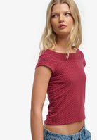 Ladies Ath Off Shoulder Pattern Top-Red Dot-Model Side View