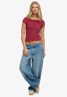 Ladies Ath Off Shoulder Pattern Top-Red Dot-Model Full Front View