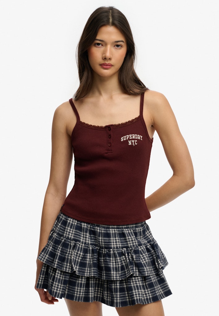 Ladies Athletic Embroider Button Cami-Port Red-Model Front View
