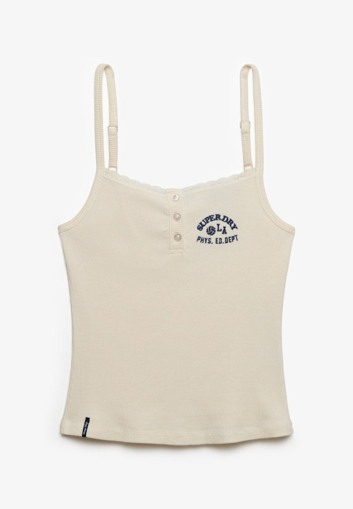 Superdry Ladies Athletic Embroider Button Cami-Off White Off White flat front view