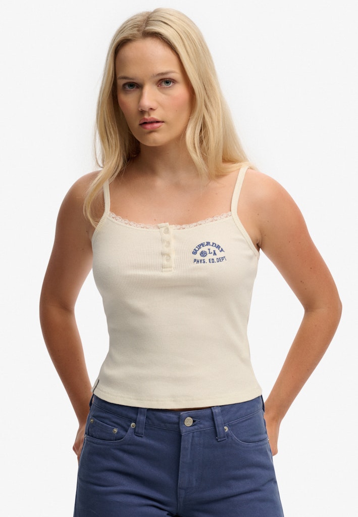 Ladies Athletic Embroider Button Cami-Off White-Model Front View