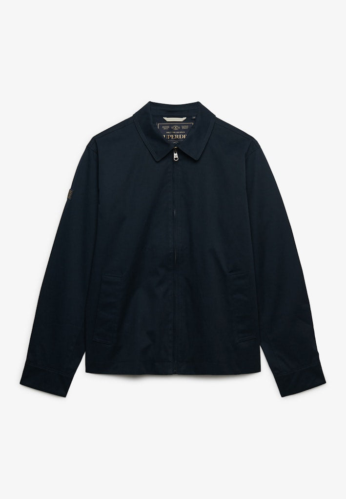 Navy collared harrington jacket on a white background