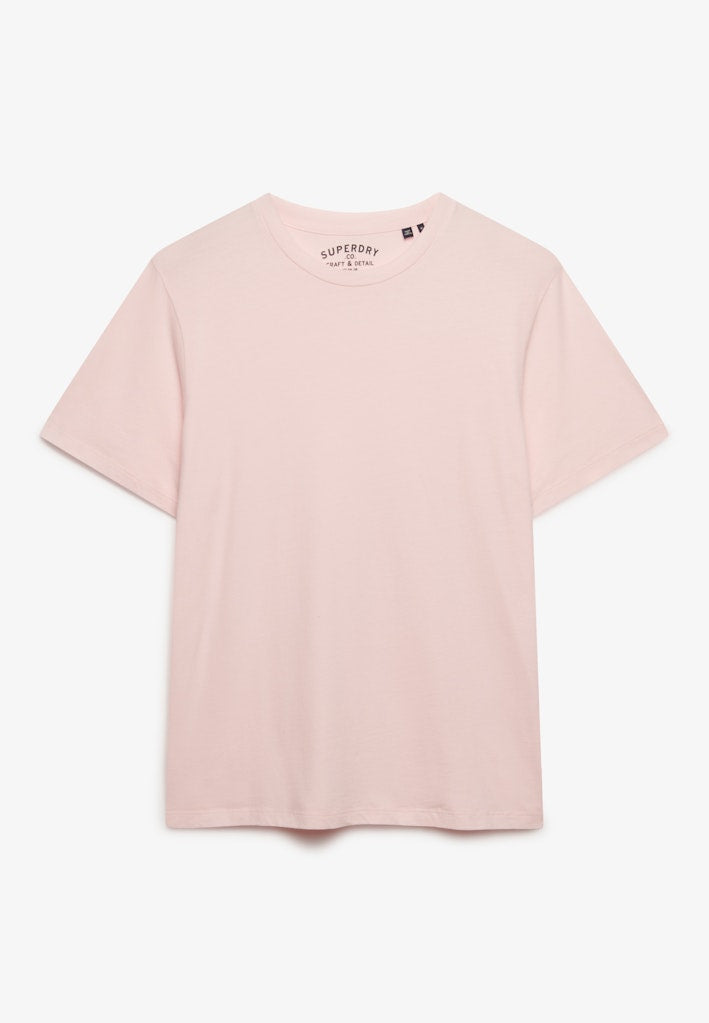 Pink t-shirt with a brand logo on a white background