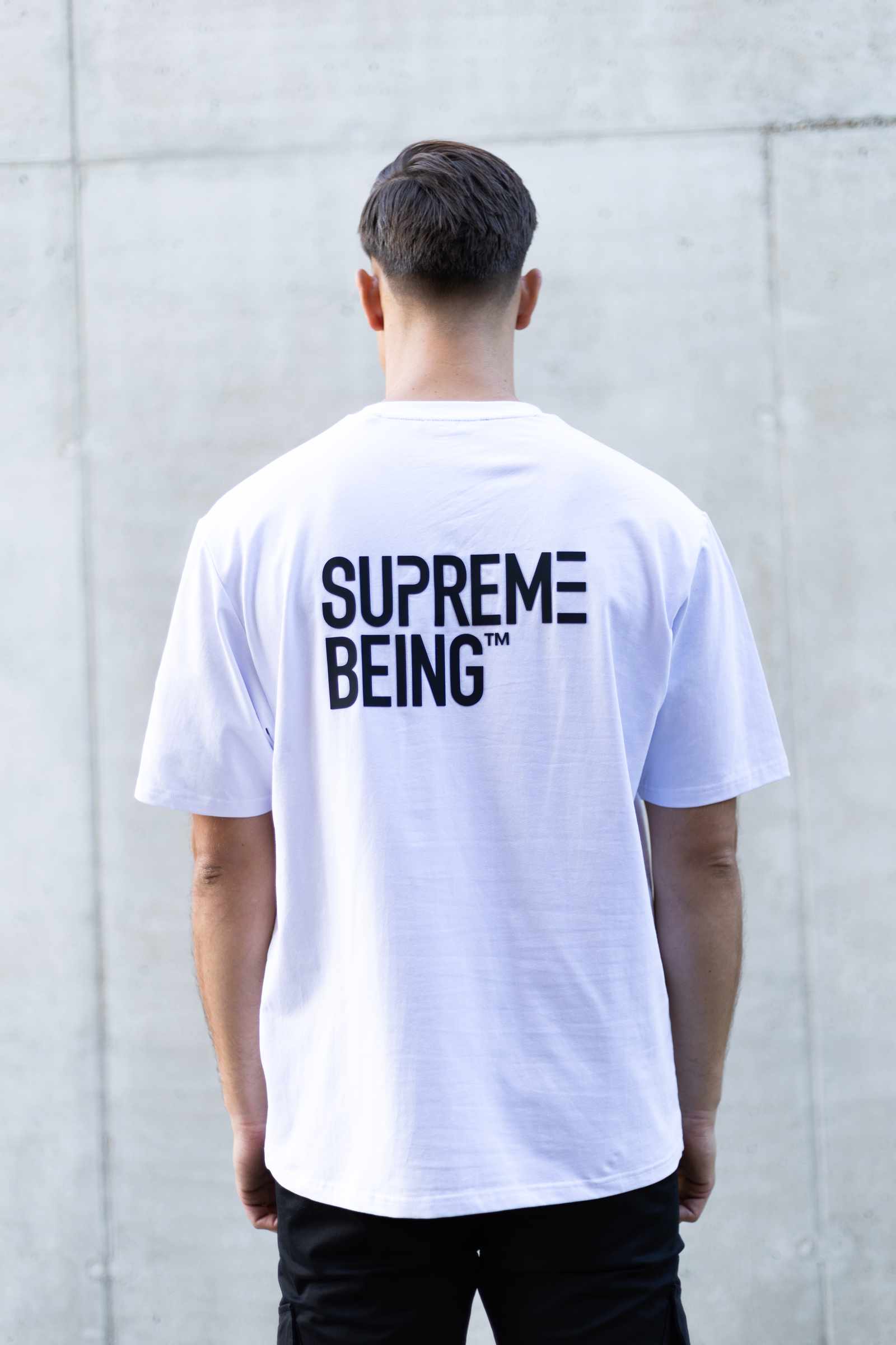 Supreme Being Atom Oversized White Tee White model front view